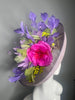 Lavender Purple Kentucky Derby Fascinator Hat – Sculpted Sinamay Headpiece with Pink Floral & Feathers for Race Day