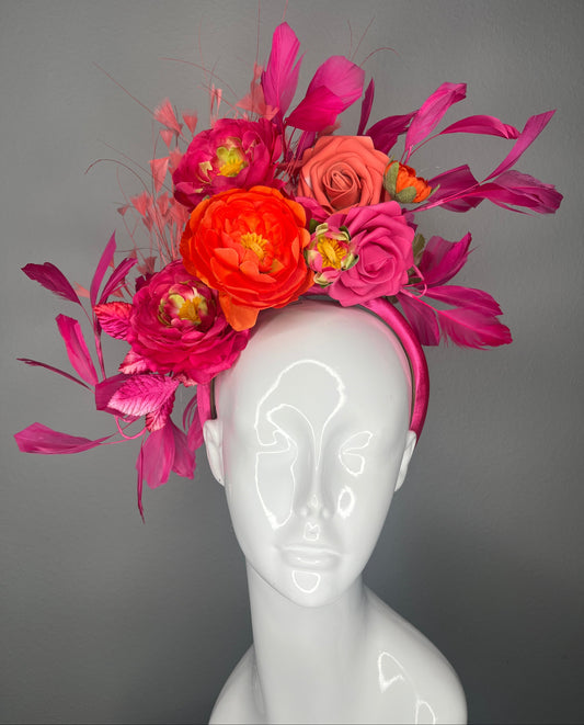 Hot Pink and Orange Kentucky Derby Fascinator – Bold Floral Headband with Fuchsia Feathers