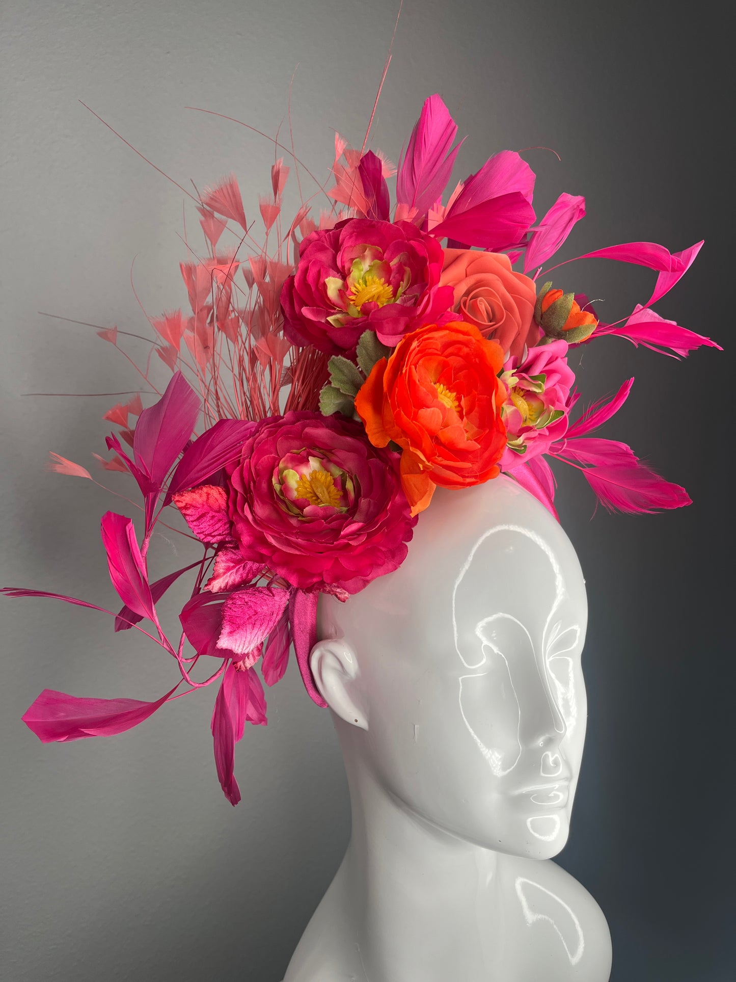Hot Pink and Orange Kentucky Derby Fascinator – Bold Floral Headband with Fuchsia Feathers