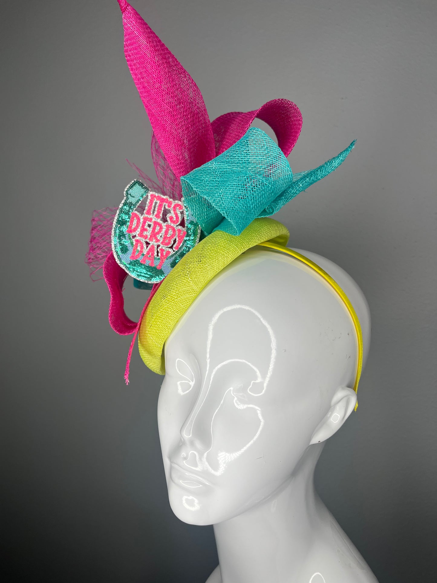 Colorful Kentucky Derby Fascinator “It’s Derby Day” Horseshoe Hat with Pink, Teal, and Yellow Sinamay