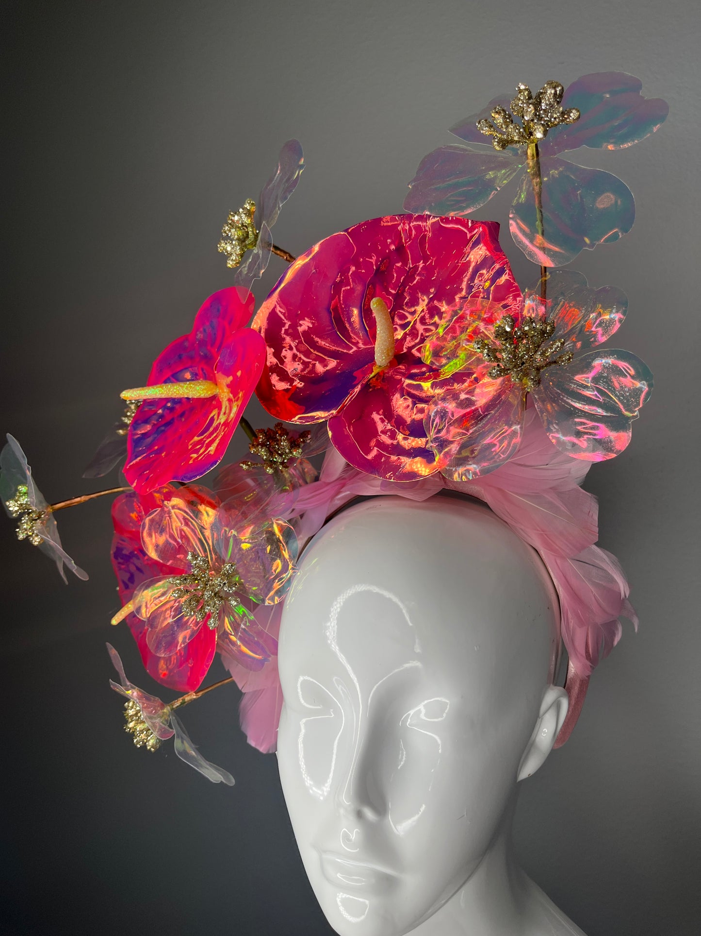 Iridescent Pink Floral Kentucky Derby Fascinator – Sculptural Acrylic Flower Headpiece with Gold Centers