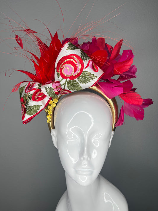 Red and Pink Kentucky Derby Fascinator – Floral Bow Headpiece with Feathers and Gold Headband