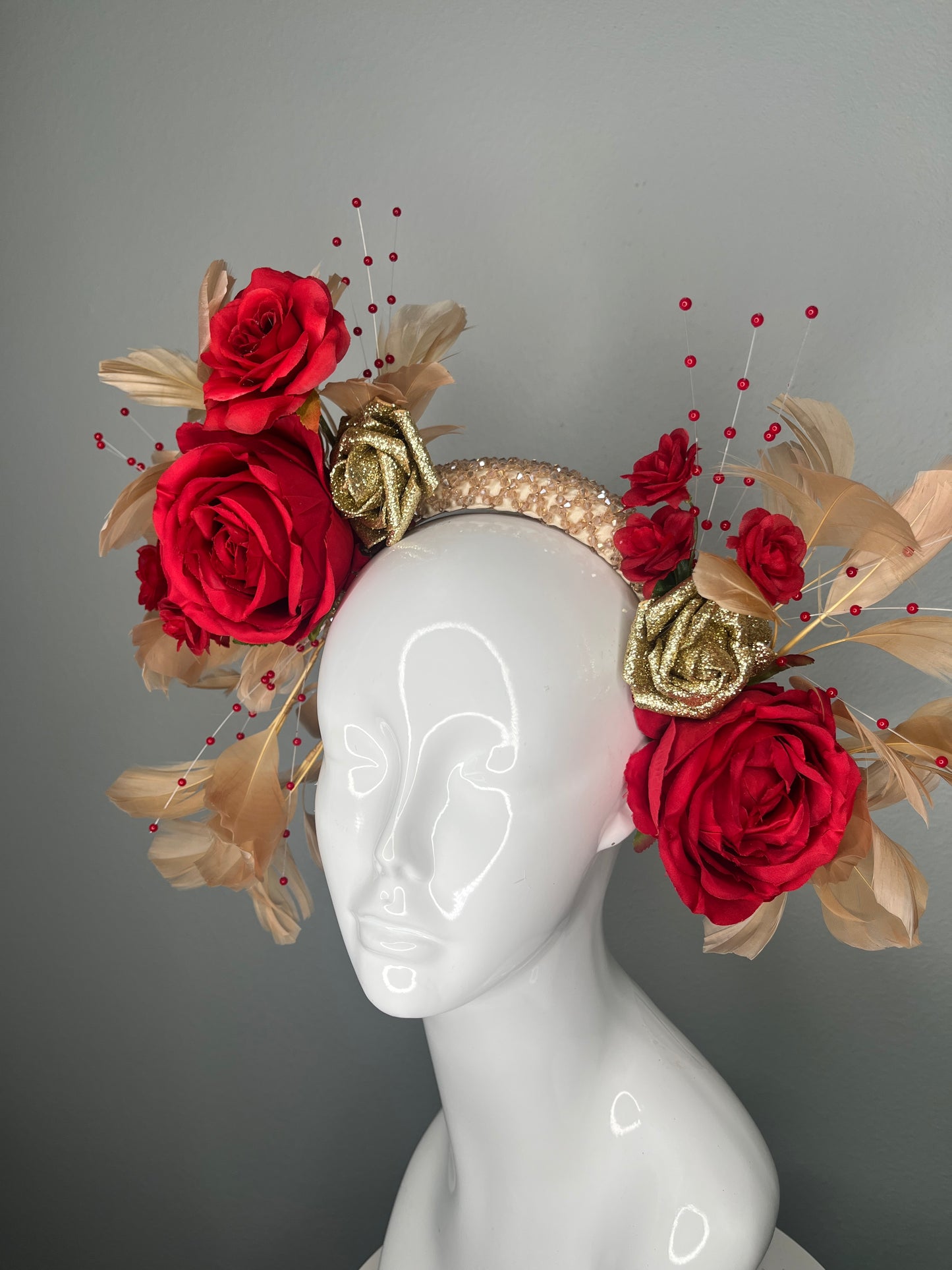 Red & Gold Rose Derby Fascinator | Dramatic Race Day Headpiece | Kentucky Derby Statement Crown | Elegant Floral Hat