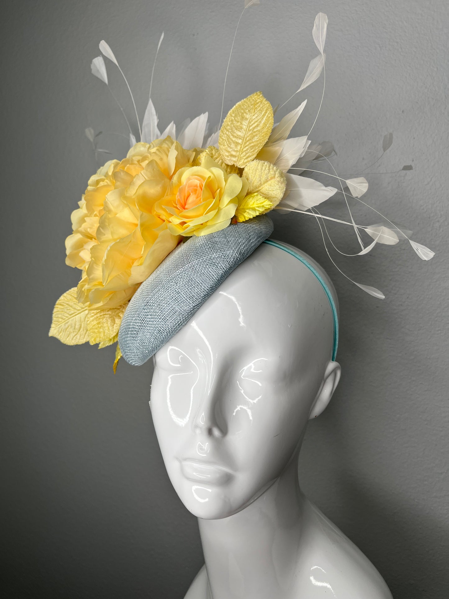 Kentucky Derby Yellow Peony & Rose on Soft Blue Base White Feathers Fascinator Hat