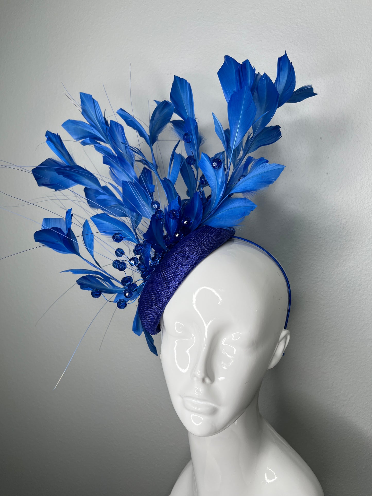 Bold Blue Derby Fascinator with Feather Plumes and Crystal Spray
