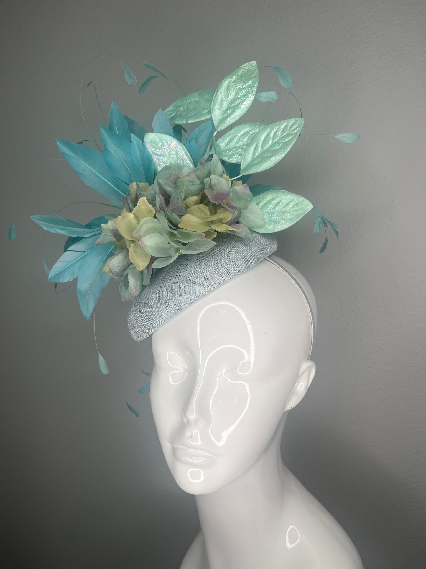 Mint Aqua Blue Garden Party Fascinator – Handcrafted Derby Hat with Iridescent Leaves & Feathers