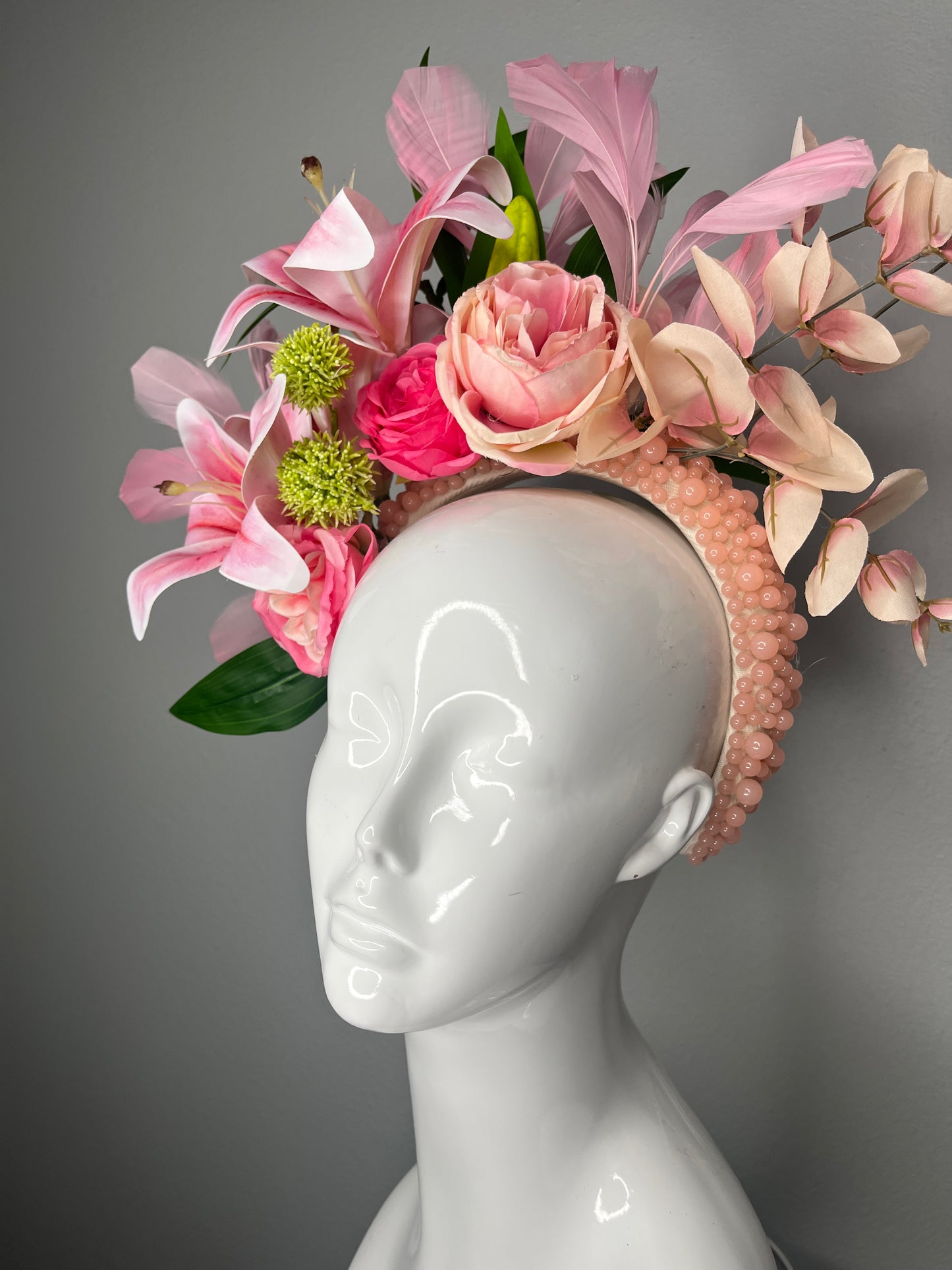 Blush Pink Floral Fascinator with Stargazer Lilies, Roses and Pearl Beaded Headband