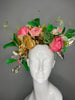 Kentucky Derby Floral Fascinator Hat | Pink & Green Statement Headpiece with Gold Accents | Garden Party, Oaks Day, Wedding Guest Hat