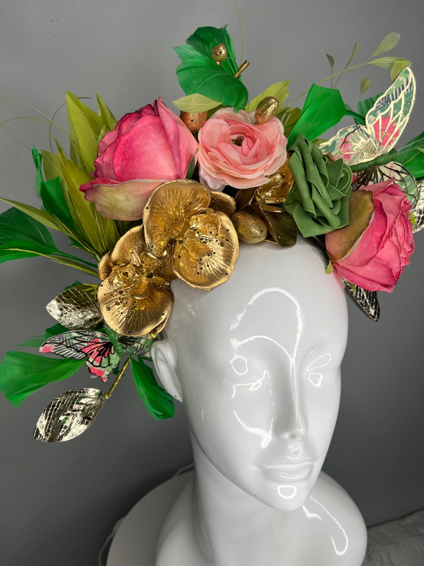 Kentucky Derby Floral Fascinator Hat | Pink & Green Statement Headpiece with Gold Accents | Garden Party, Oaks Day, Wedding Guest Hat