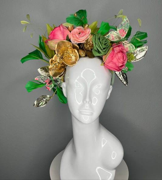Kentucky Derby Floral Fascinator Hat | Pink & Green Statement Headpiece with Gold Accents | Garden Party, Oaks Day, Wedding Guest Hat