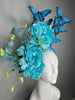 Turquoise Floral Butterfly Fascinator Headband Statement Derby Hat with Blue Butterflies Oversized Blooms