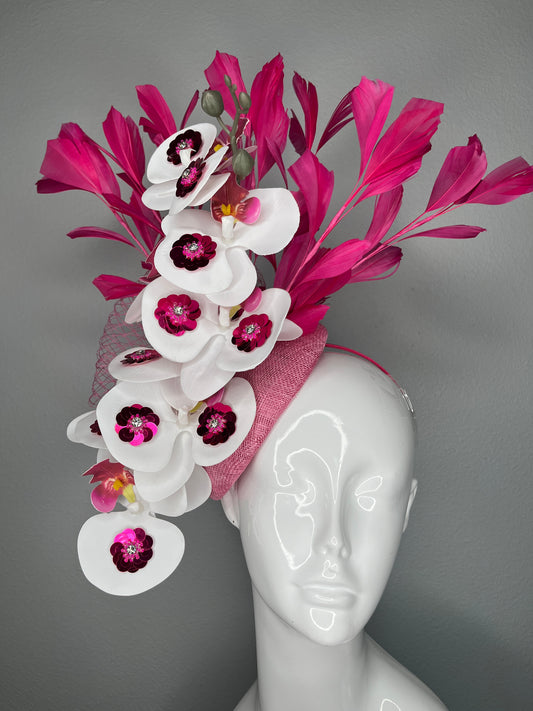 Hot Pink Orchid Fascinator with Feathers – Bold Derby Headband with White Orchids & Sequin Detail