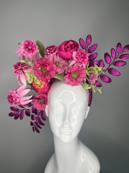 Hot Pink Floral Statement Fascinator with Glitter Leaf Accents Kentucky Derby Kentucky Oaks