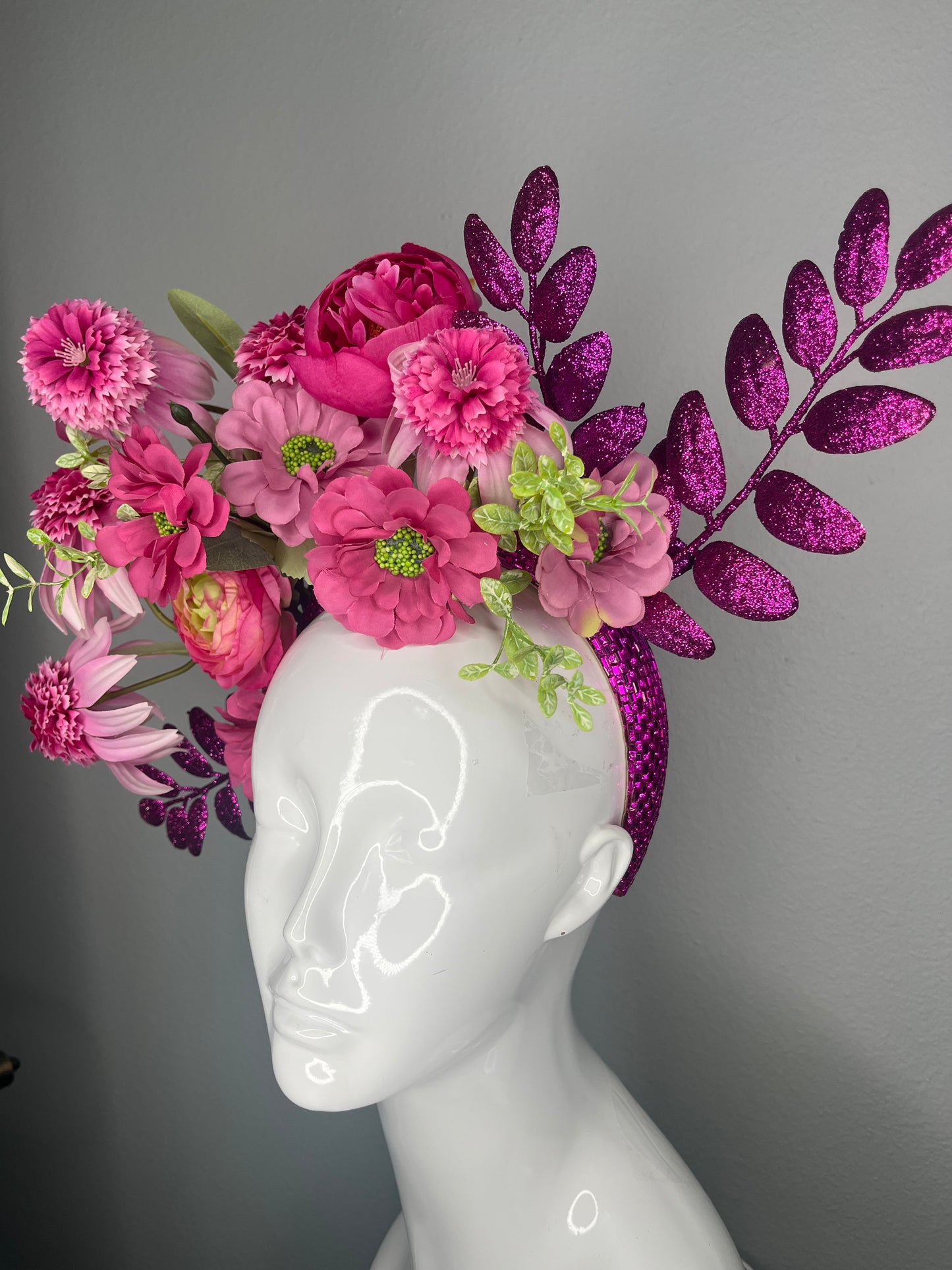 Hot Pink Floral Statement Fascinator with Glitter Leaf Accents Kentucky Derby Kentucky Oaks
