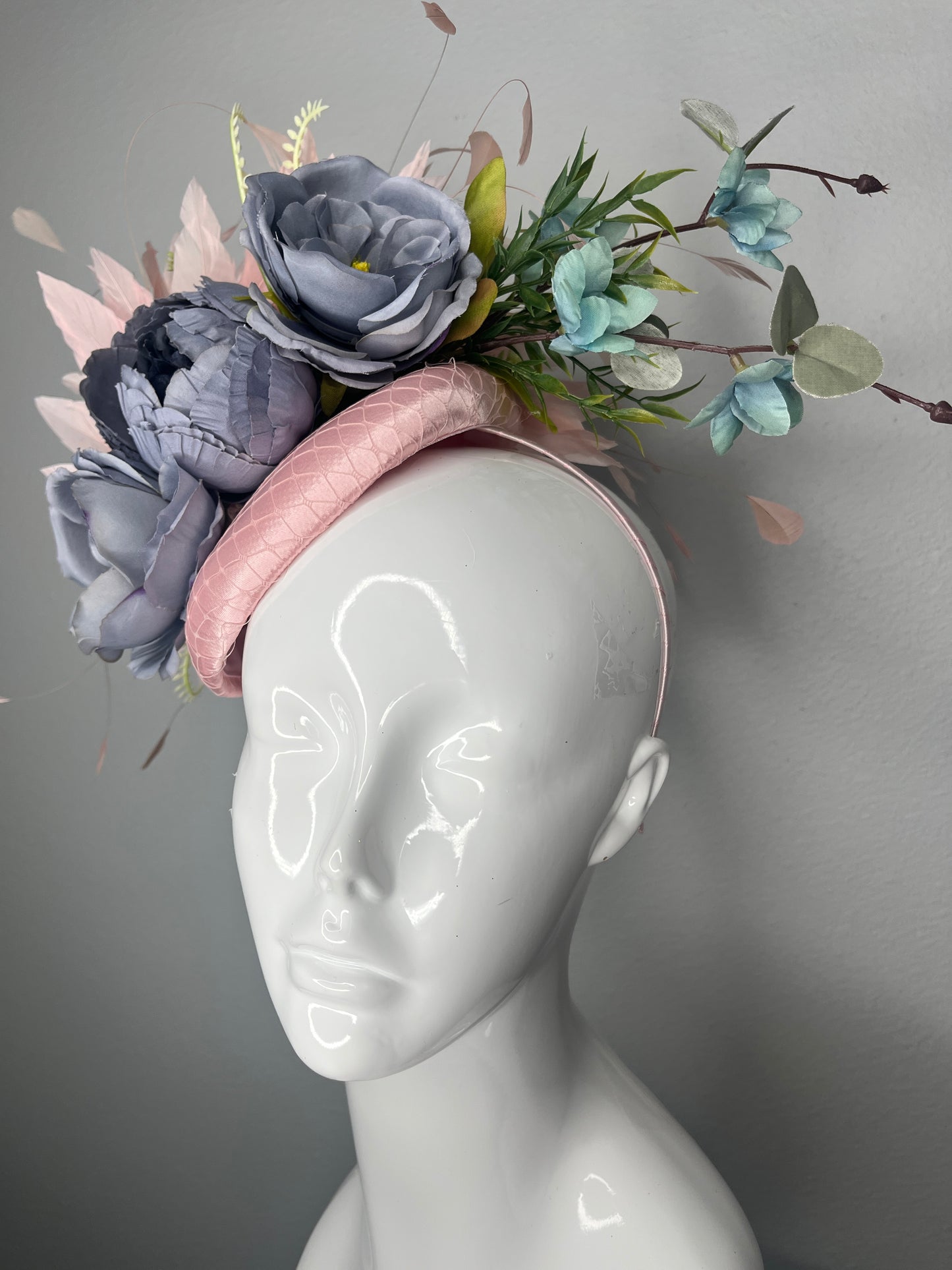 Custom Order For Sharalea - Kentucky Derby and Kentucky Oaks Blush & Blue Floral Fascinator Elegant Statement Headpiece with Silk Flowers Feathers