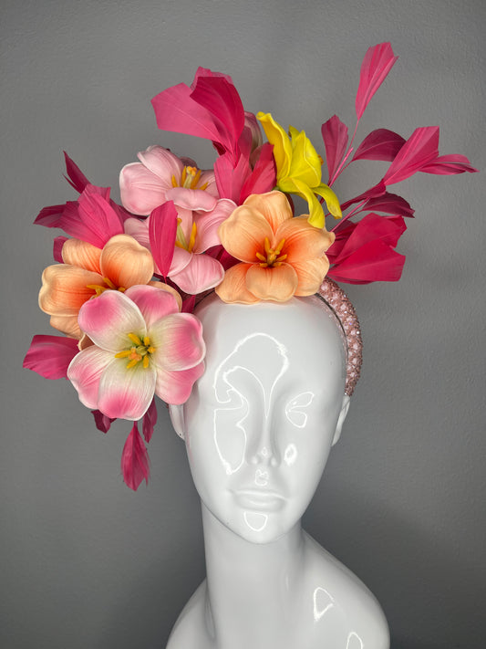 Kentucky Derby Kentucky Oaks Fascinator Pink & Coral Garden Bloom Statement Headpiece Hat