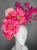 Kentucky Derby Kentucky Oaks Hot Pink Floral Fascinator Bold Garden Party Statement Headpiece with Feathers