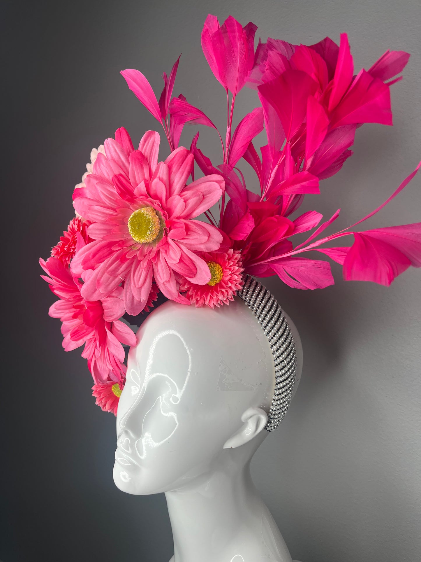 Kentucky Derby Kentucky Oaks Hot Pink Floral Fascinator Bold Garden Party Statement Headpiece with Feathers