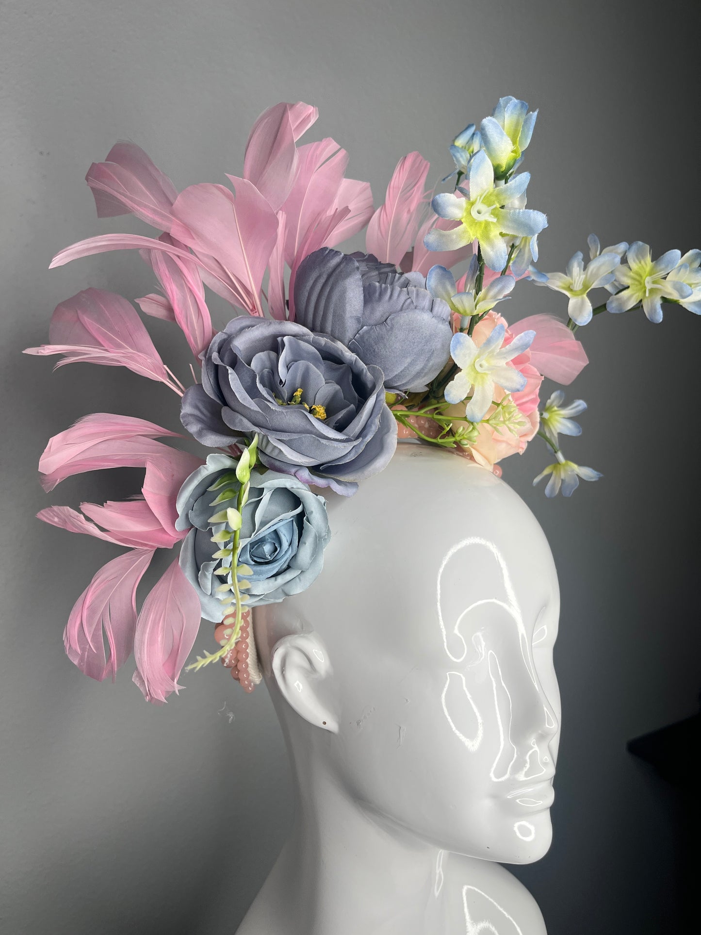 Kentucky Derby Pastel Garden Fascinator Blush Pink, Powder Blue Floral Statement Headpiece