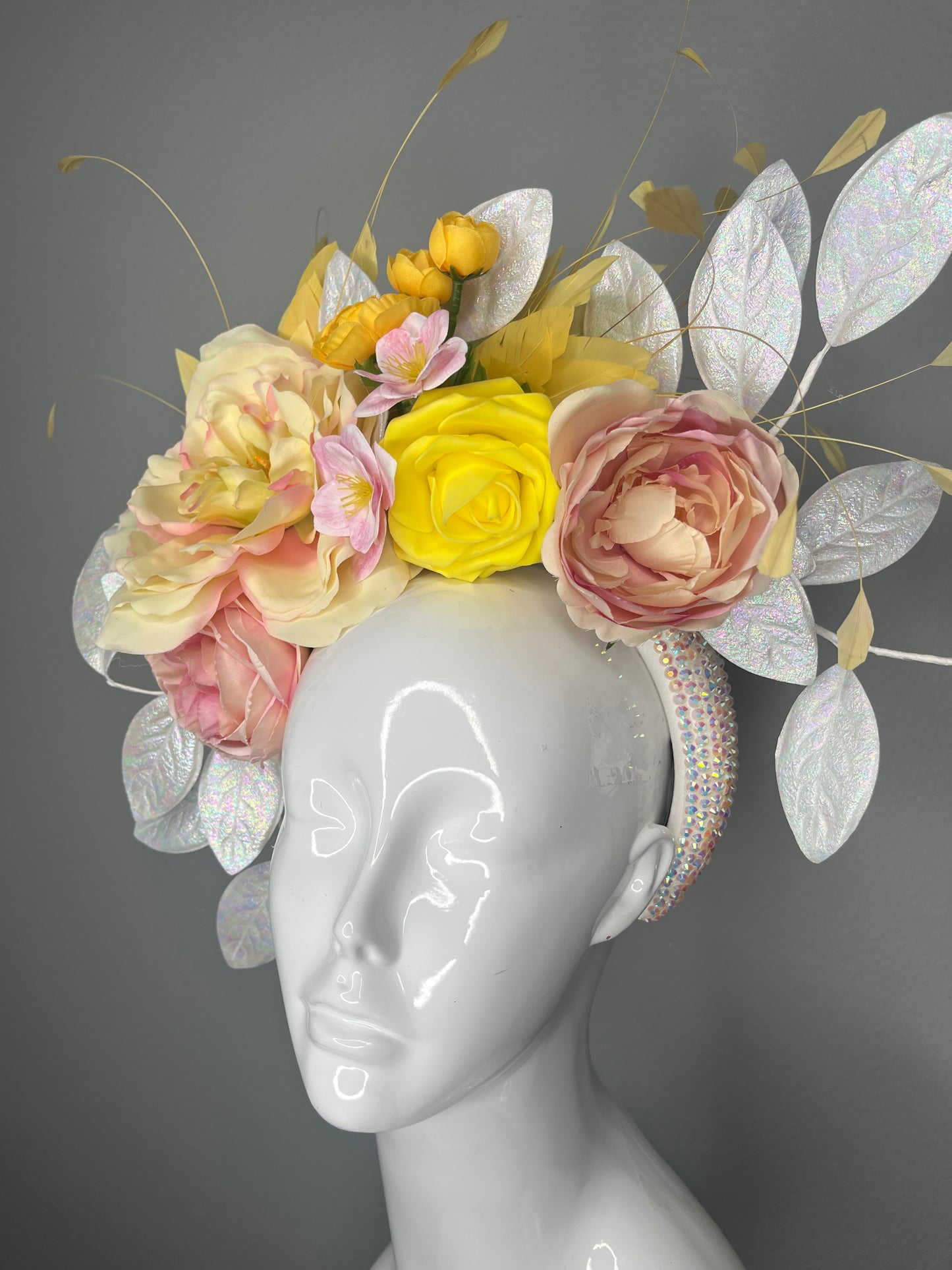 Golden Garden Bloom Fascinator Yellow and Blush Pink Floral Derby Headpiece with Iridescent Leaves