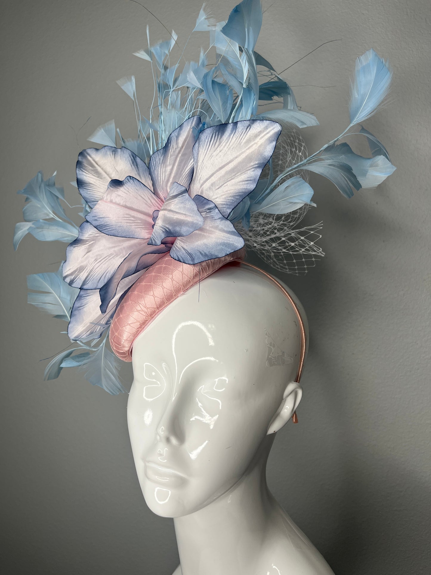 Blush Pink and Sky Blue Bloom Fascinator Vintage Floral Kentucky Derby Hat Pastel Blue Feather Headpiece