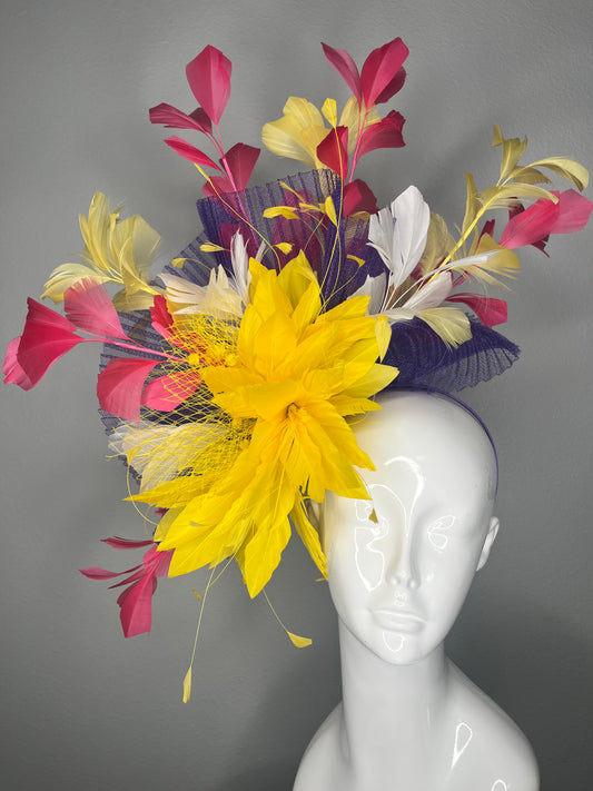 Vibrant Garden Statement Fascinator Yellow Bloom with Fuchsia Purple Feather Spray Kentucky Derby Hat