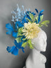 Vibrant Turquoise Blue and Lime Green Feathered Ivory Bloom Statement Fascinator Kentucky Derby