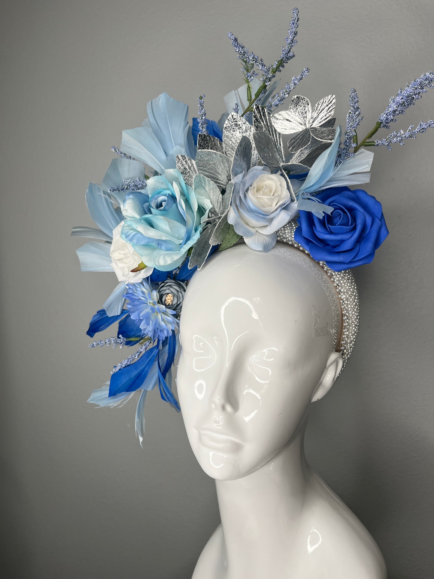 Icy Blue and Royal Sapphire Statement Fascinator with Silver Accents and Feather Detail Kentucky Derby
