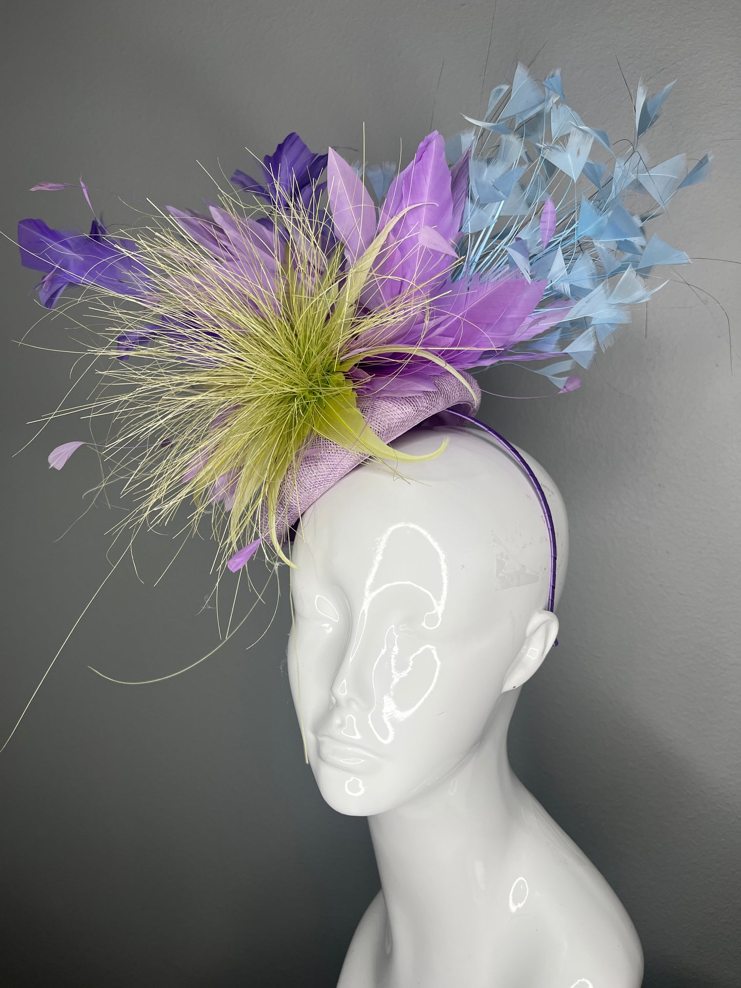 Electric Garden Statement Fascinator | Lavender, Lime and Sky Blue Derby Hat | Bold Feather Floral Headpiece