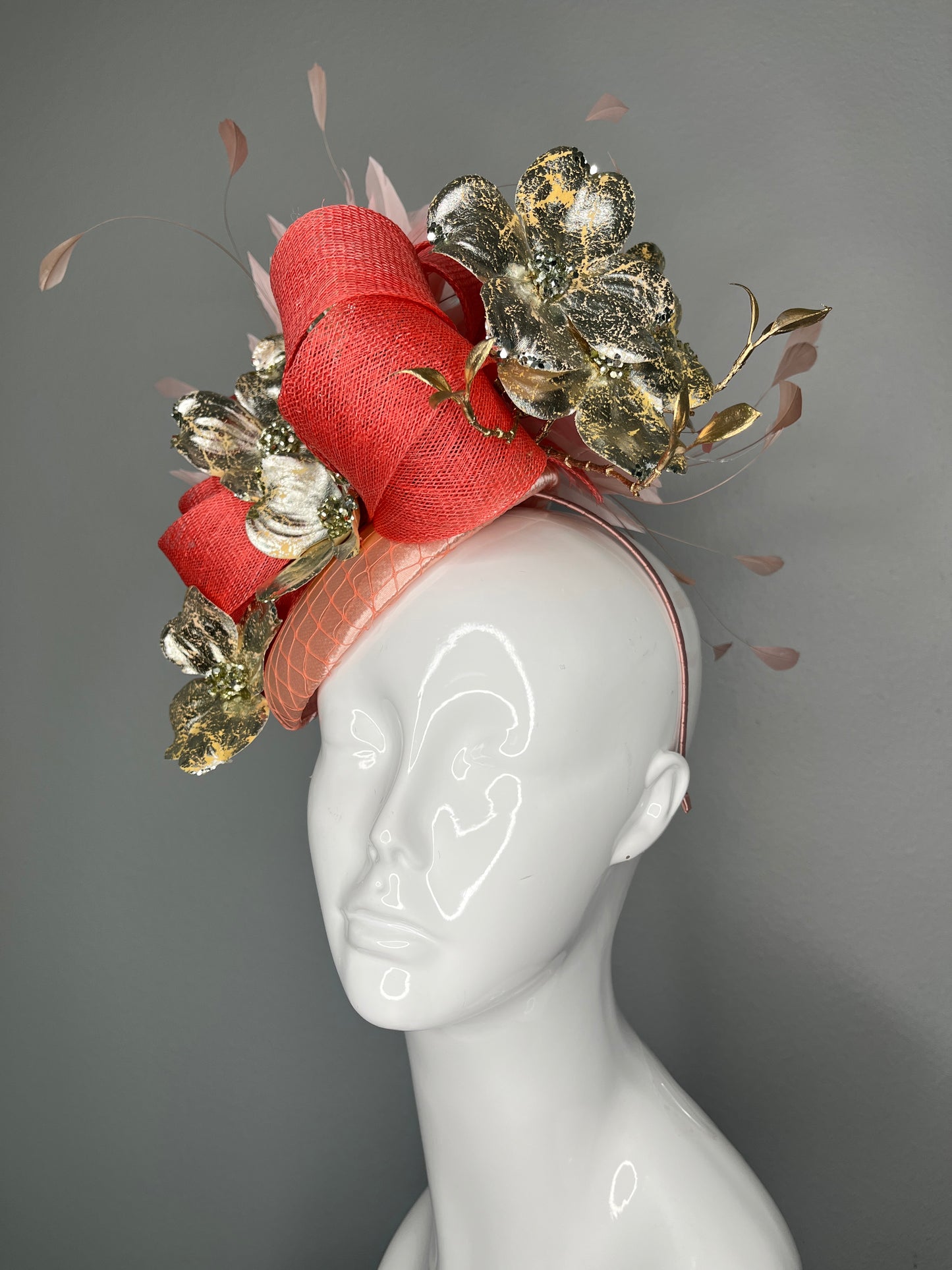 Coral Bloom Couture Fascinator with Gold Floral Accents Sinamay Sculpted Fascinator Hat Kentucky Derby Preakness Belmont