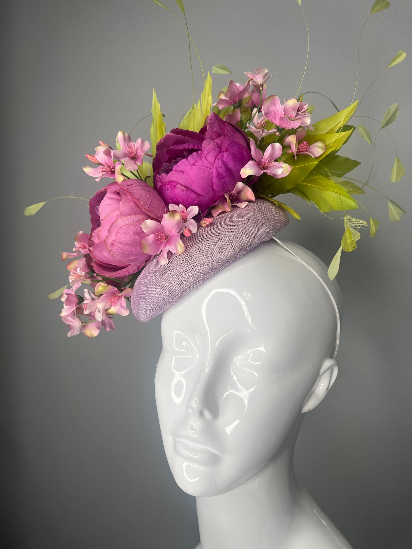 Kentucky Derby Enchanted Garden Fascinator Lavender Purple and Fuchsia Green Feathers Floral Derby Hat