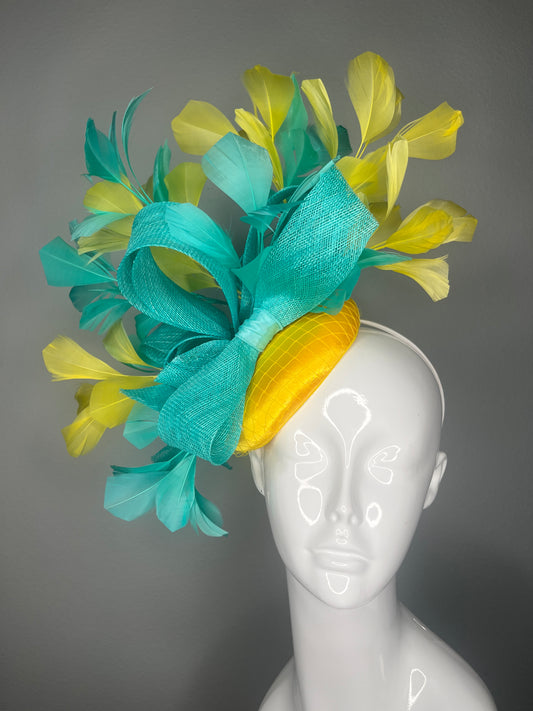 Vibrant Turquoise & Lemon Yellow Kentucky Derby Fascinator Hat Couture Feather Statement Headpiece Preakness Belmont Raceday