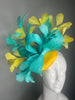 Vibrant Turquoise & Lemon Yellow Kentucky Derby Fascinator Hat Couture Feather Statement Headpiece Preakness Belmont Raceday
