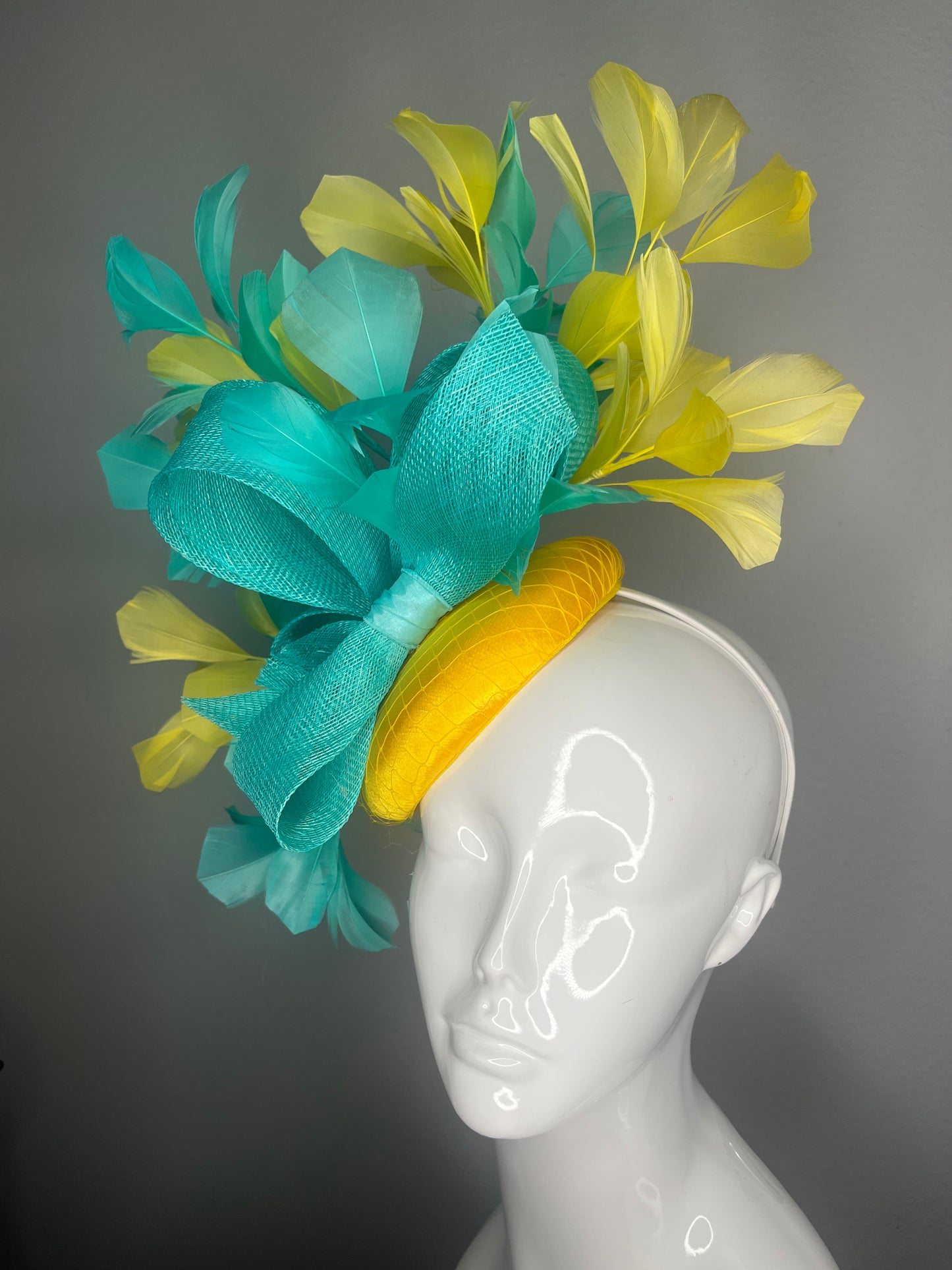 Vibrant Turquoise & Lemon Yellow Kentucky Derby Fascinator Hat Couture Feather Statement Headpiece Preakness Belmont Raceday