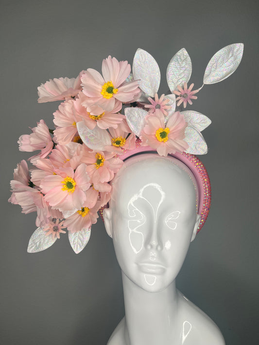 Pink Flowers Bloom Kentucky Derby Fascinator Headband Iridescent Floral Statement Hat for Oaks and Derby Fashion