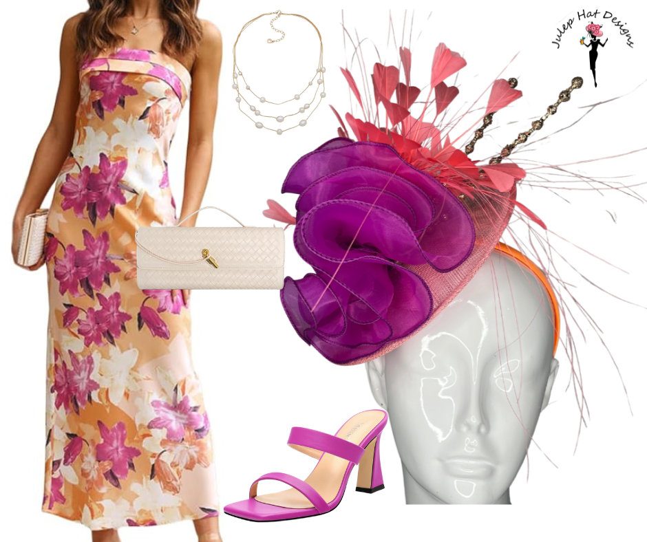 Bold Purple & Coral Fascinator Derby Hat, Wedding Headpiece, Tea Party Hat