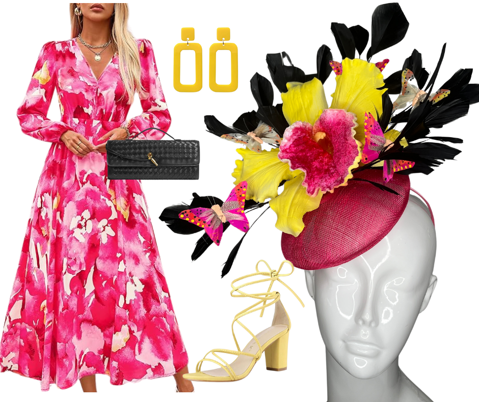 Bold Orchid & Butterfly Fascinator Pink and Yellow Statement Hat
