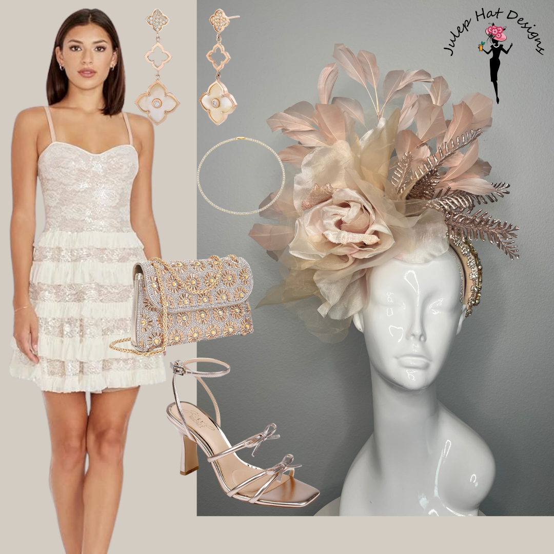Blush Champagne Statement Fascinator with Oversized Silk Rose and Feather Detail