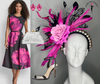 Hot Pink & Black Feather Fascinator with Rose Detail | Couture Kentucky Derby Headpiece | Statement Race Day Headband