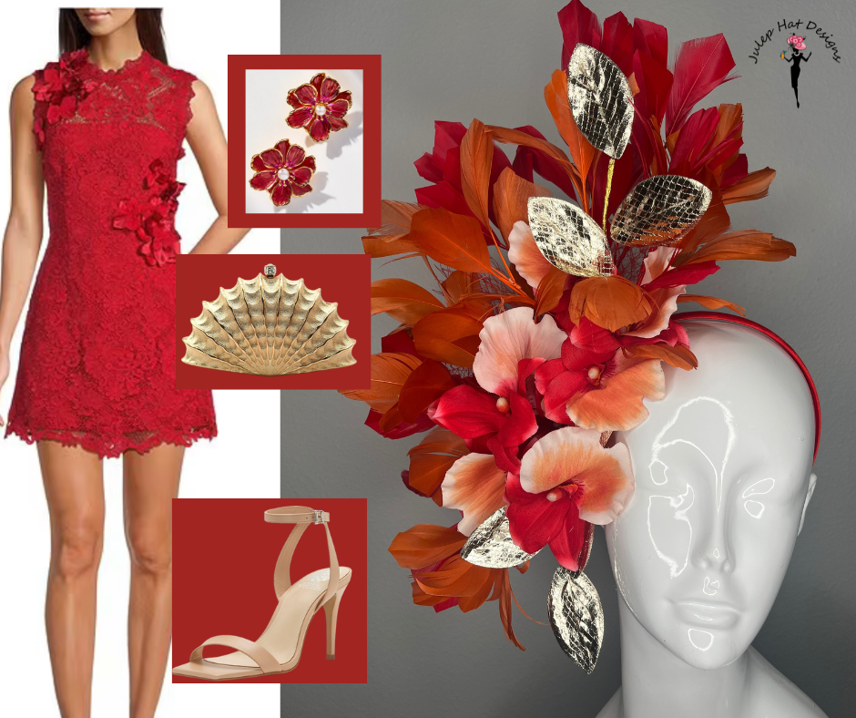 Red and Orange Feather Fascinator with Gold Leaves and Blooms