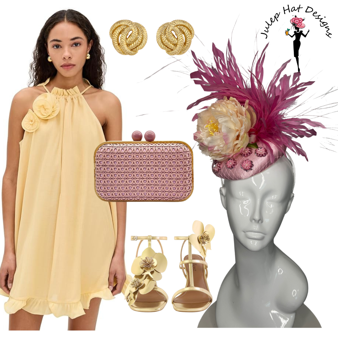 Pink Peony Floral and Pink Feather Burst Fascinator