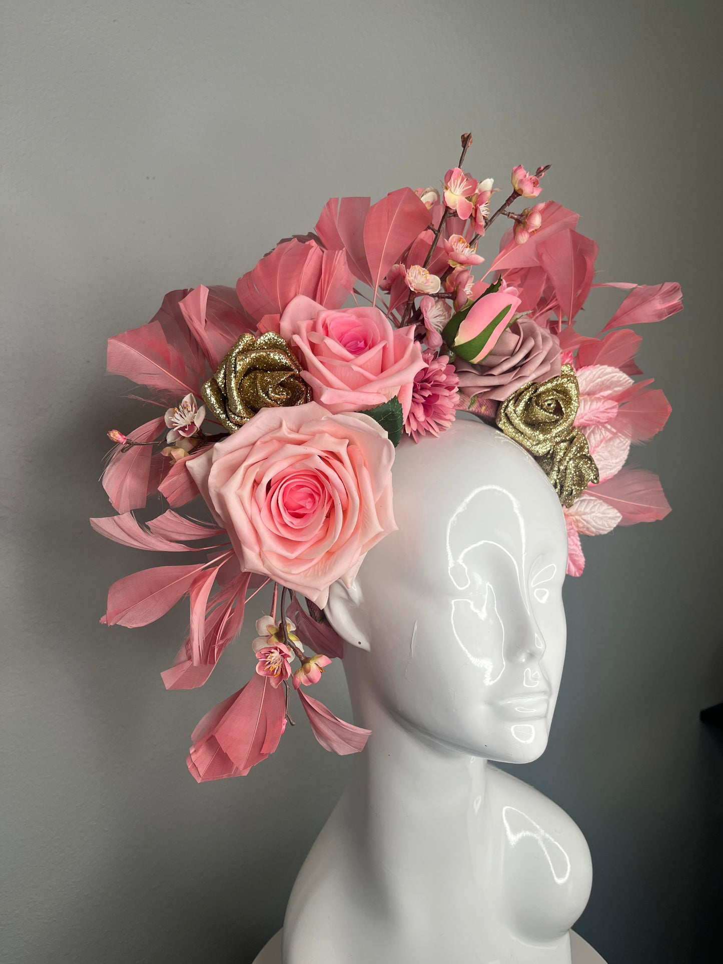 Blush Garden Crown With Roses, Cherry Blossoms & Feathered Wings