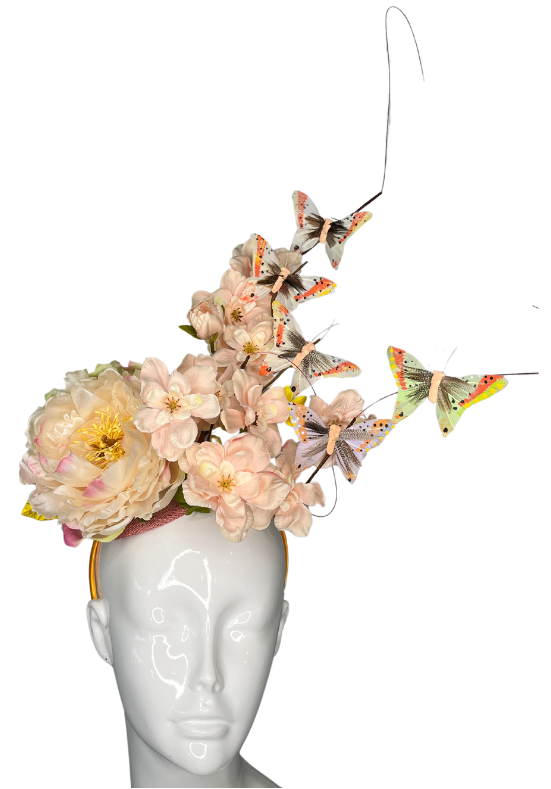 Flutter Blossom Floral with Butterfly and Feather Fascinator