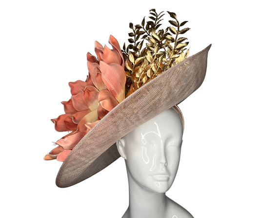 Golden Bloom Elegance Sculptural Statement Derby Hat