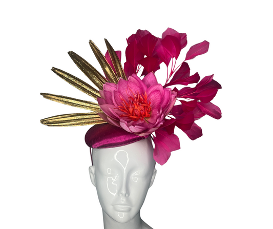 Hot Pink Feathers  Pink/Orange Floral Gold Embellishment Fascinator Hat