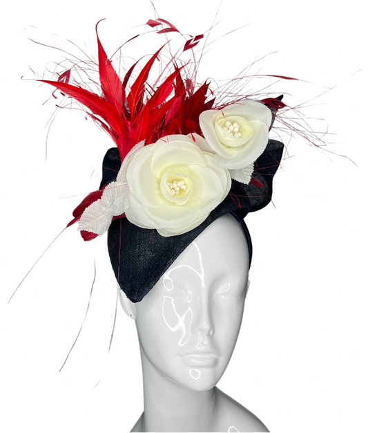 Midnight Rose with Red Feathers Fascinator Hat