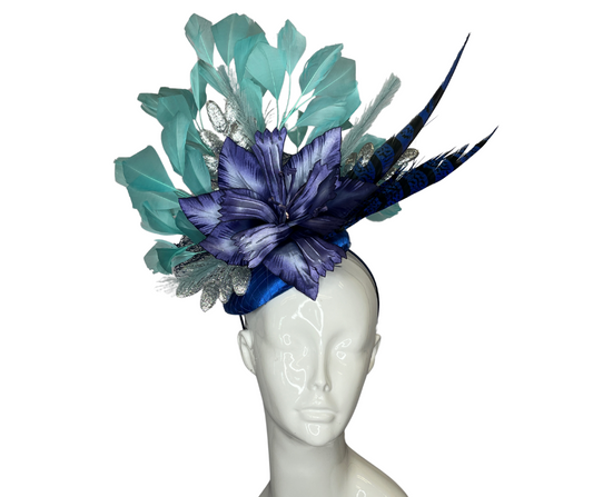 Royal Blue and Mint Feathers with Silver Embellishment Fascinator Hat
