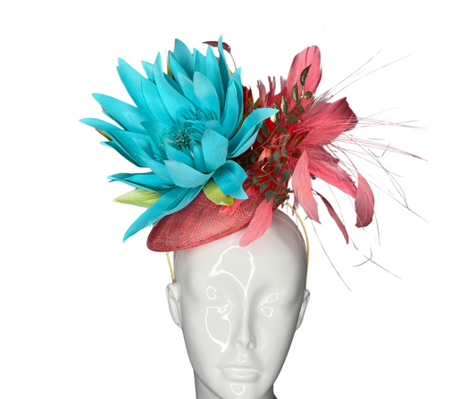 Azure Bloom: Turquoise & Coral with Gold Fascinator