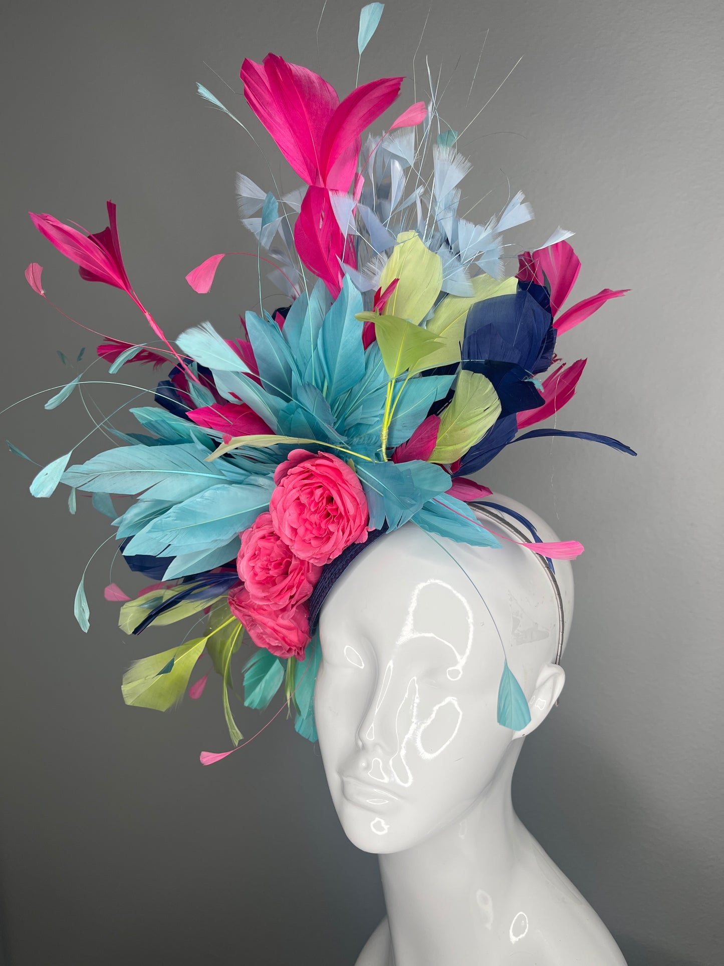 Tropical Sorbet Statement Fascinator | Aqua Blue Hot Pink  Navy Derby Hat | Bold Floral & Feather Headpiece