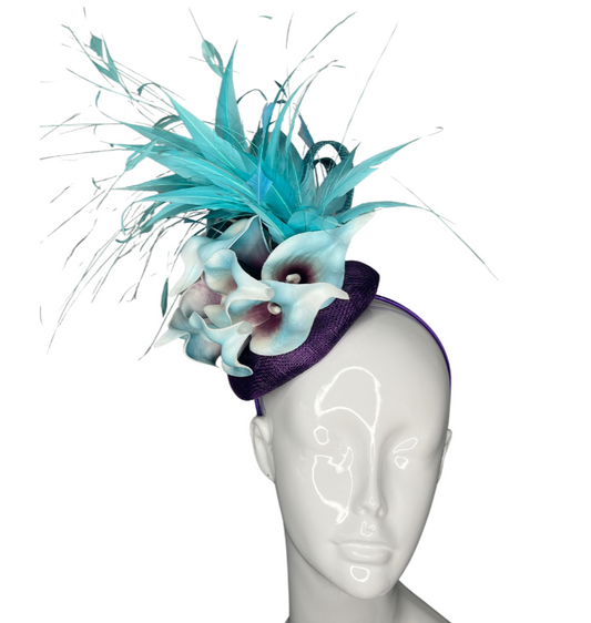 Midnight Tide  Purple and  Teal Fascinator with Calla Lilies